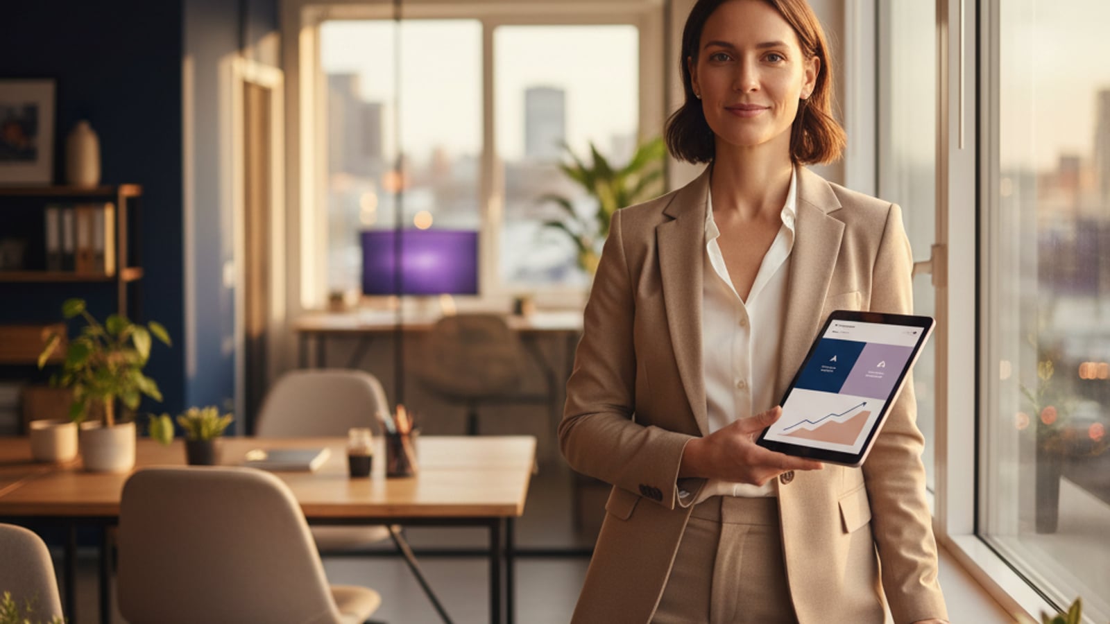 A confident real estate agent smiles, viewing a clear, color-blocked dashboard on a tablet, enjoying successful lead nurture.