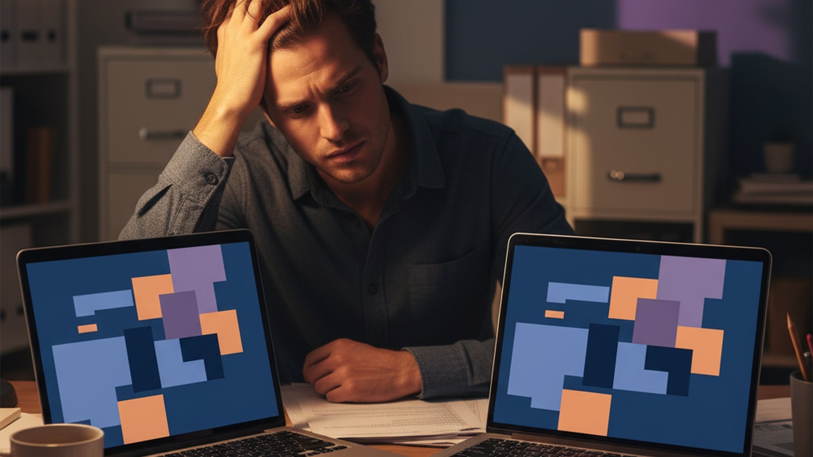Frustrated real estate agent at their desk at night, screens showing half-empty online review profiles, struggling with review management.