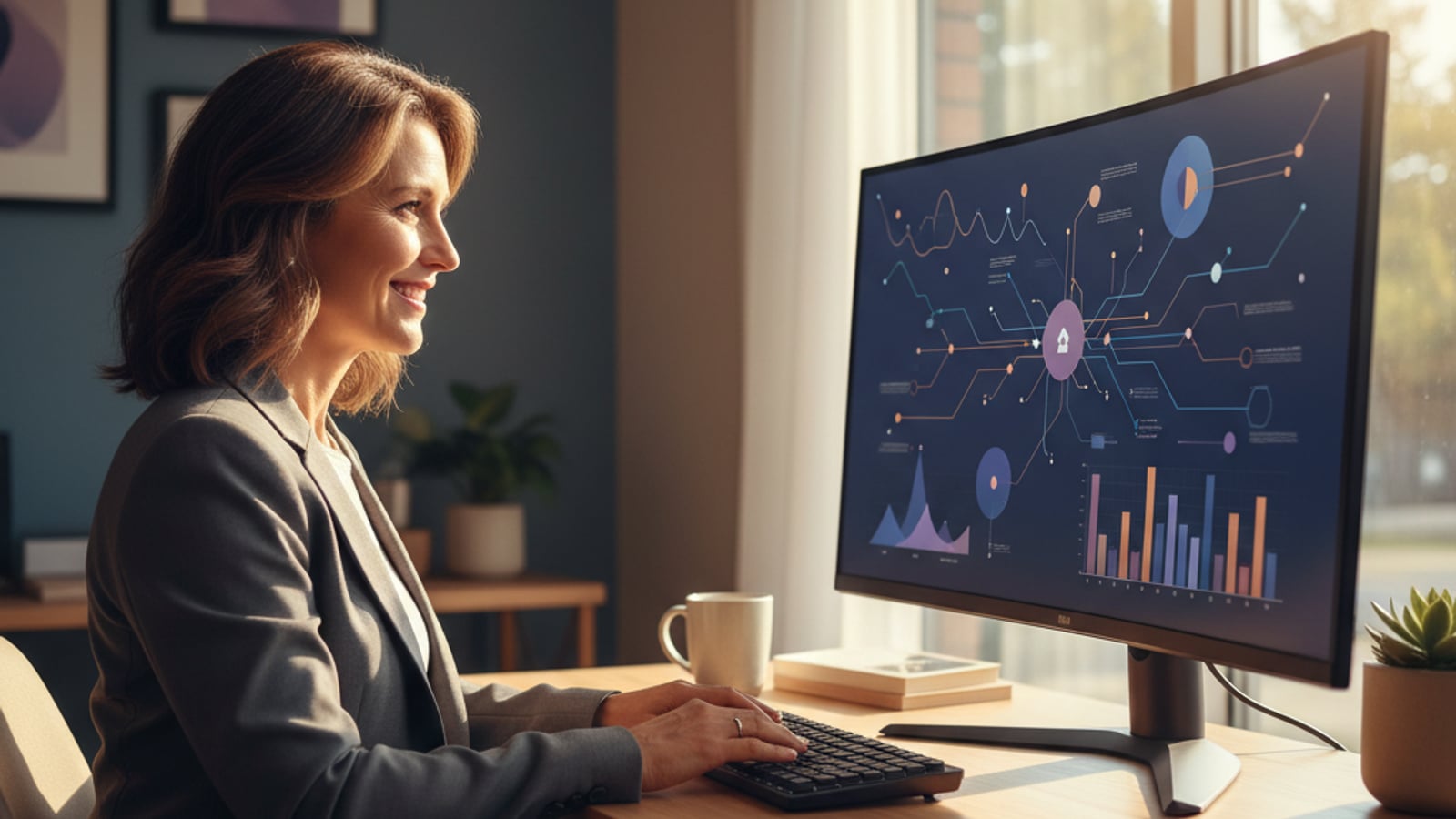 A real estate agent types at a modern desk, a colorful abstract dashboard on screen, efficiently managing client review processes.