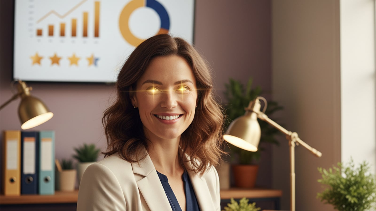 A confident real estate agent smiles, a vibrant, abstract dashboard with high star ratings in the background, showcasing successful review management.