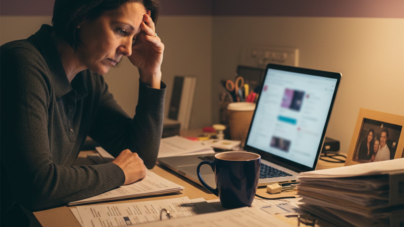 A stressed real estate agent, illuminated by a laptop, rubs temples at a cluttered desk, overwhelmed by social media content demands.
