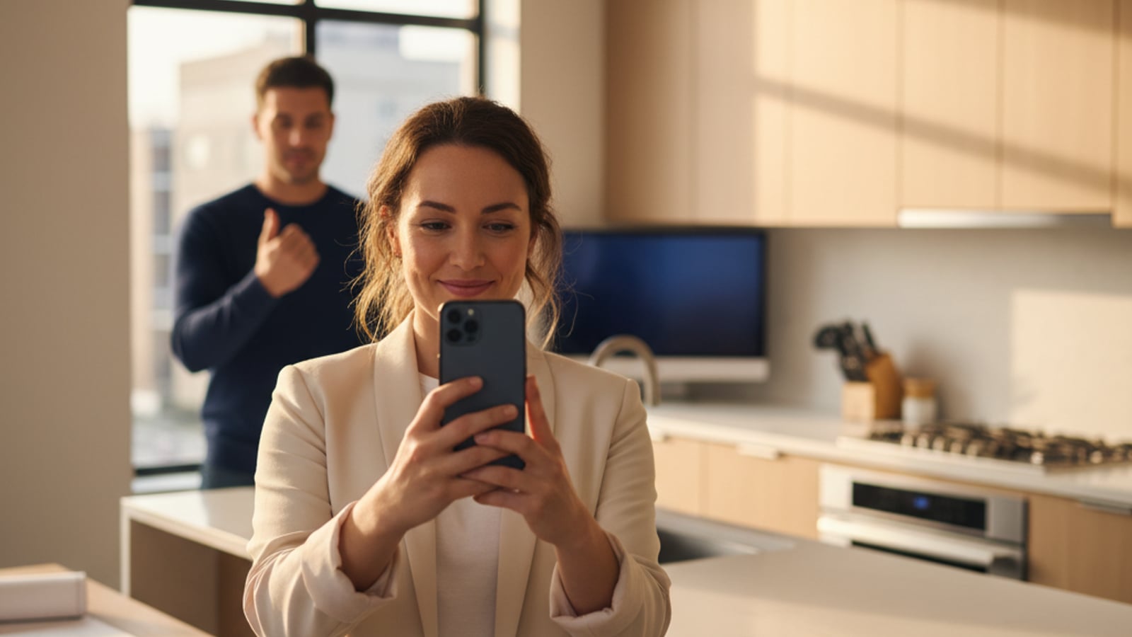A real estate agent records a vertical video on a smartphone in a modern kitchen, creating social media content for new listings.