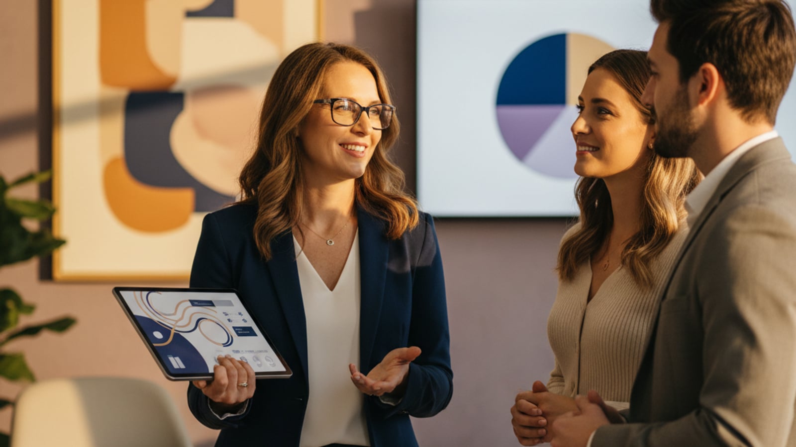 A confident real estate agent engages with clients in a bright office, reflecting success from consistent social media content for real estate agents.