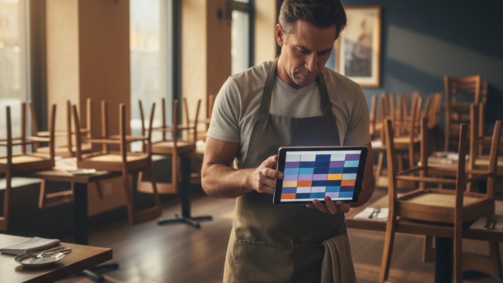 Stressed restaurant owner stands in a quiet, mostly empty dining room, contemplating automation for restaurants and cafes.