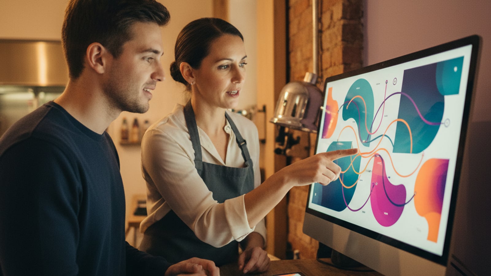 Two restaurant staff calmly review a colorful dashboard on a large monitor, streamlining operations with automation for restaurants.