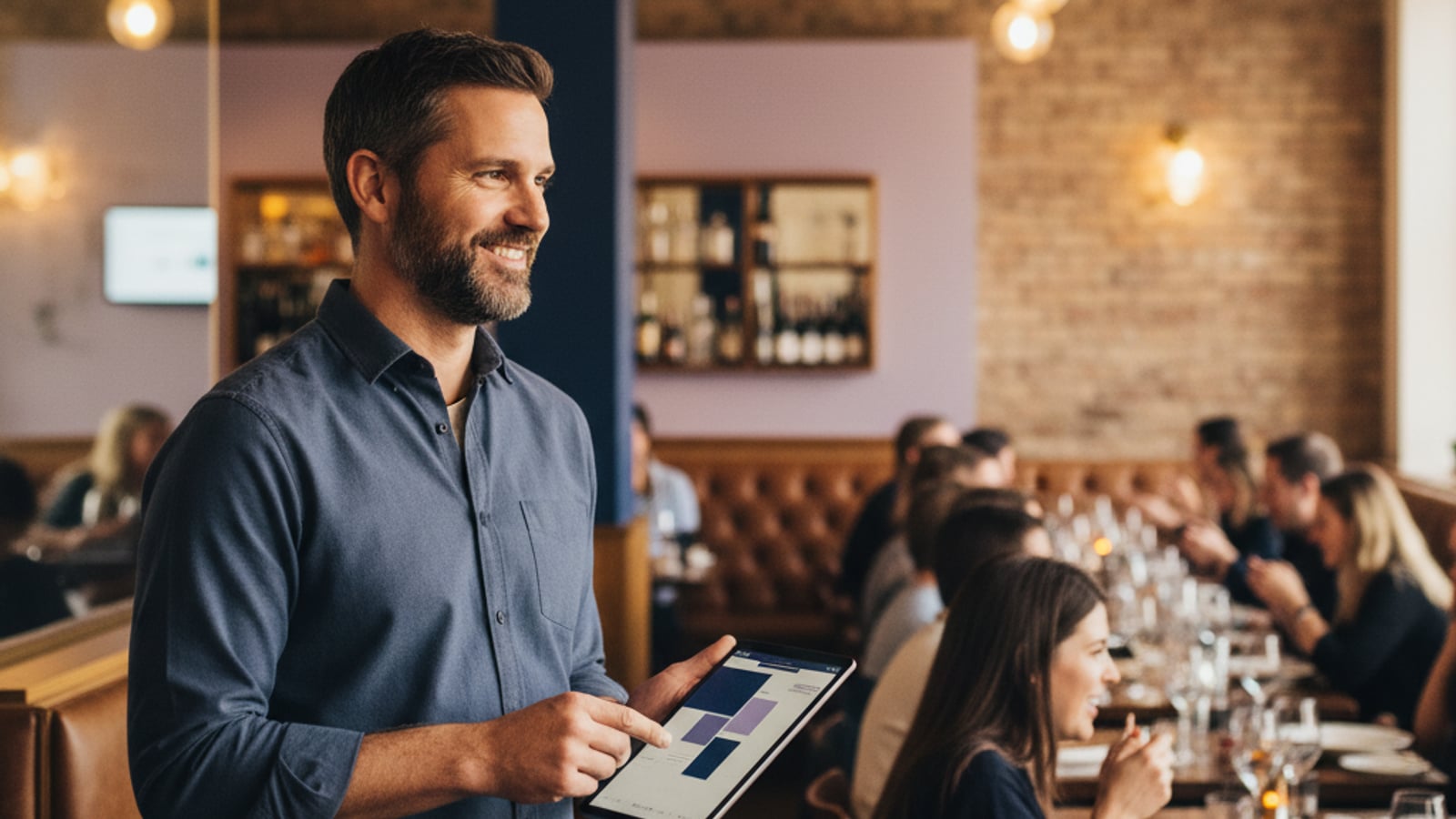 A confident restaurant manager surveys a bustling, full dining room, enjoying the success brought by automation for cafes and restaurants.