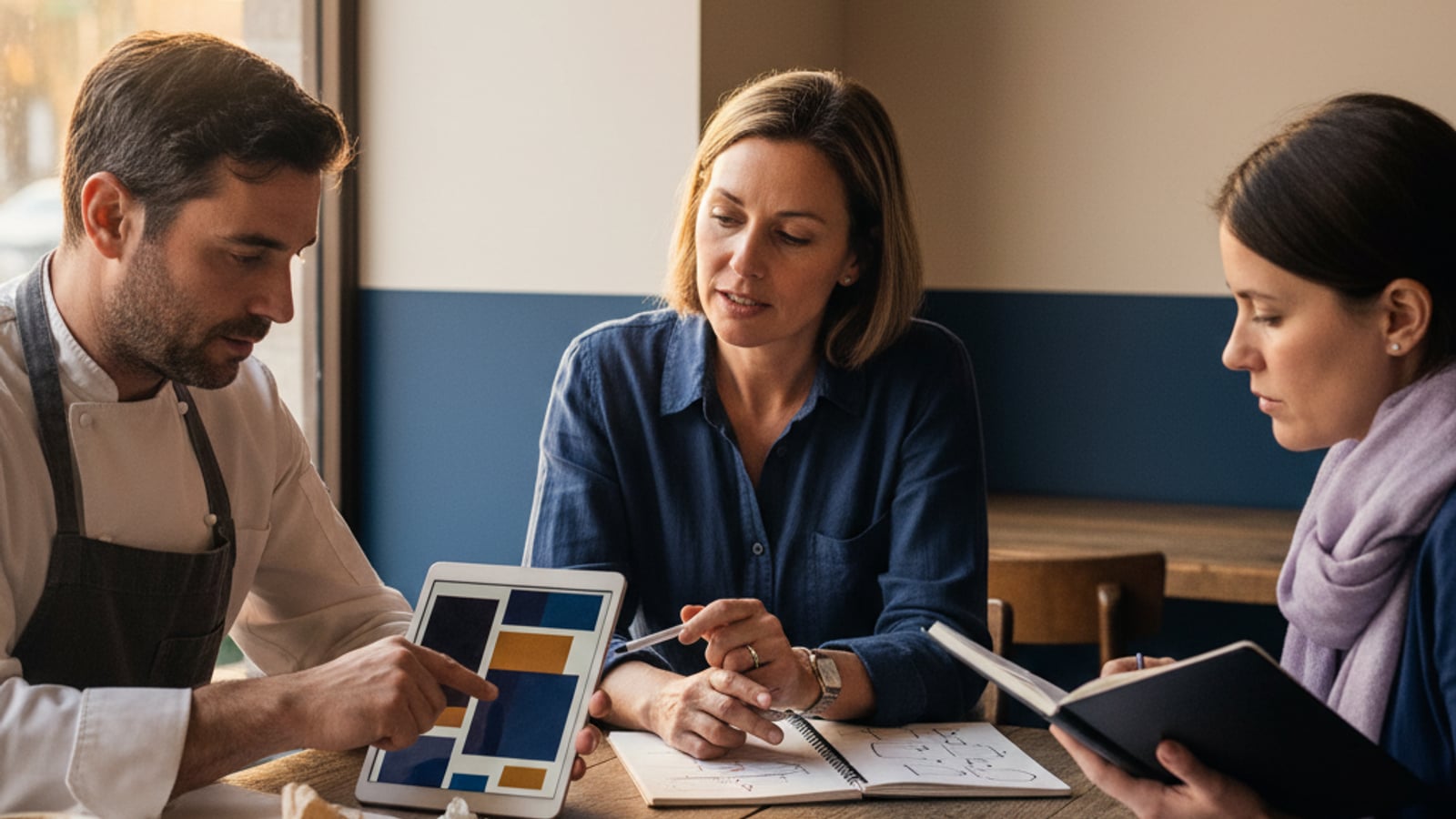 Restaurant staff including chef and manager collaborate at a table, reviewing strategy for an ai chat assistant for restaurants and cafes.