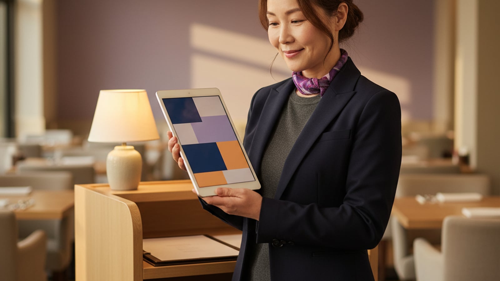 Calm restaurant owner reviews a tablet of colorful data, enjoying the efficiency of an ai chat assistant for restaurants and cafes.