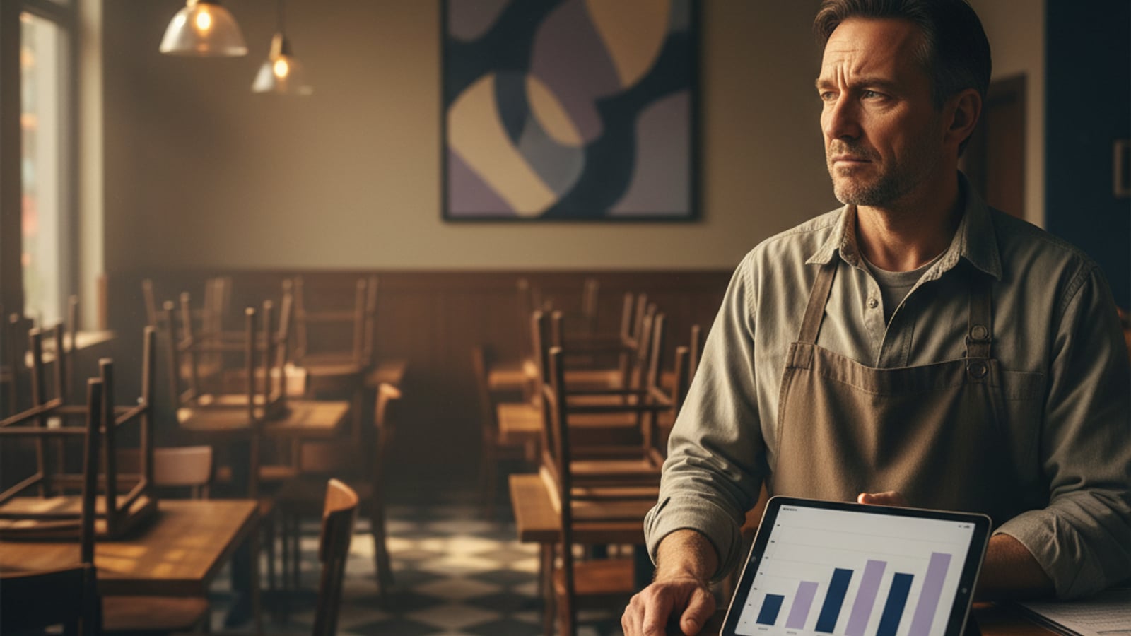 A pensive restaurant owner surveys a quiet dining room, pondering how to boost customer retention for restaurants and cafes.