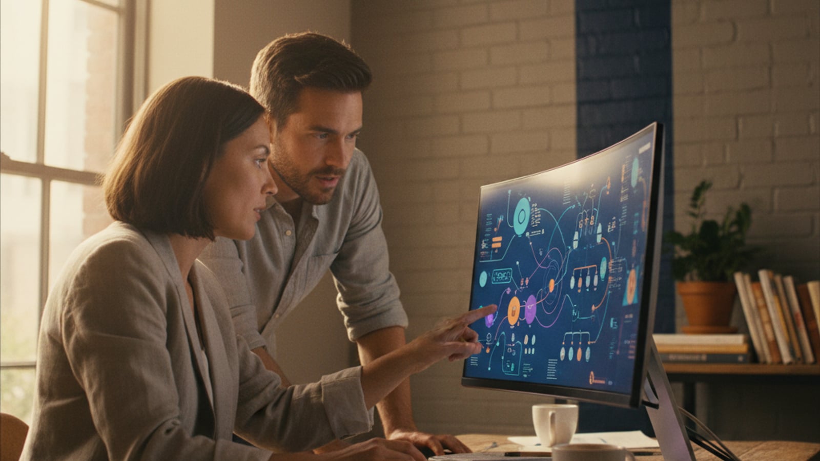 A restaurant owner and manager analyze abstract data visualizations on a screen, powered by their customer retention system for restaurants and cafes.