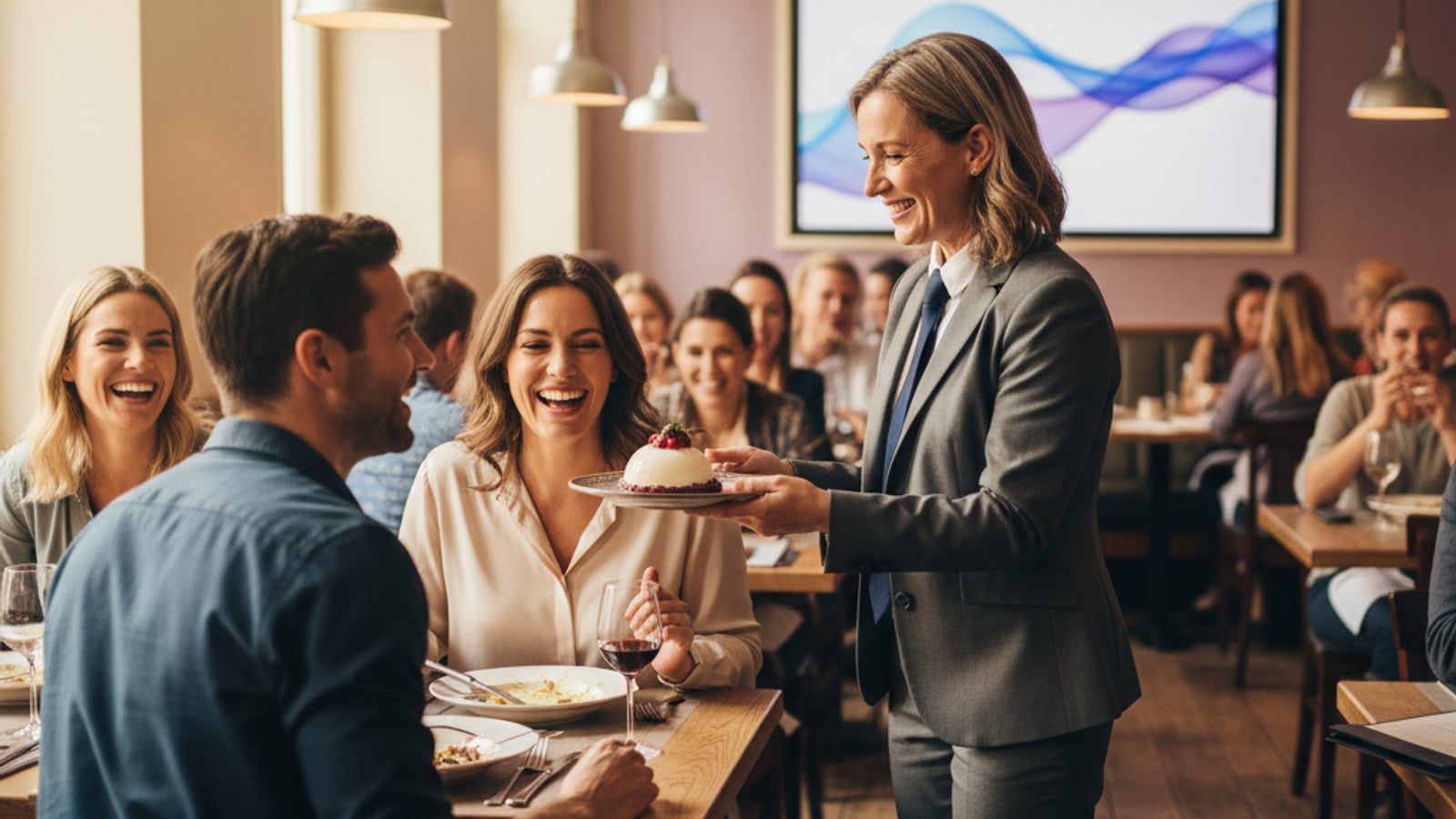 Confident restaurant manager delights guests with a special dessert — a customer retention system for restaurants and cafes.