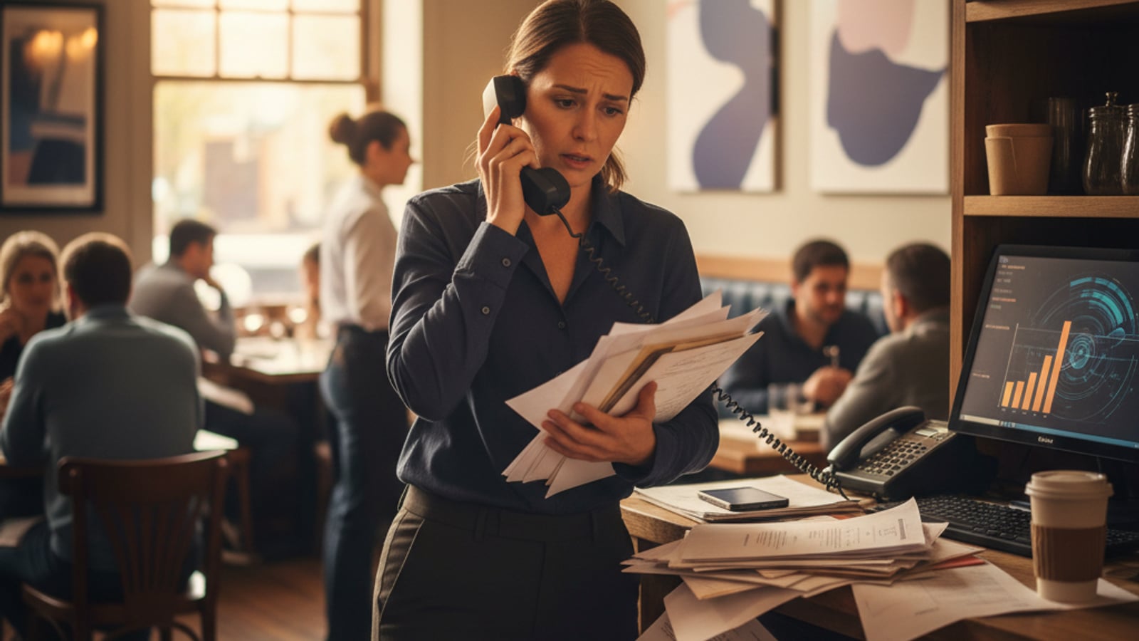 Stressed restaurant manager at busy host stand, overwhelmed by chaotic paperwork, showing need for document automation.