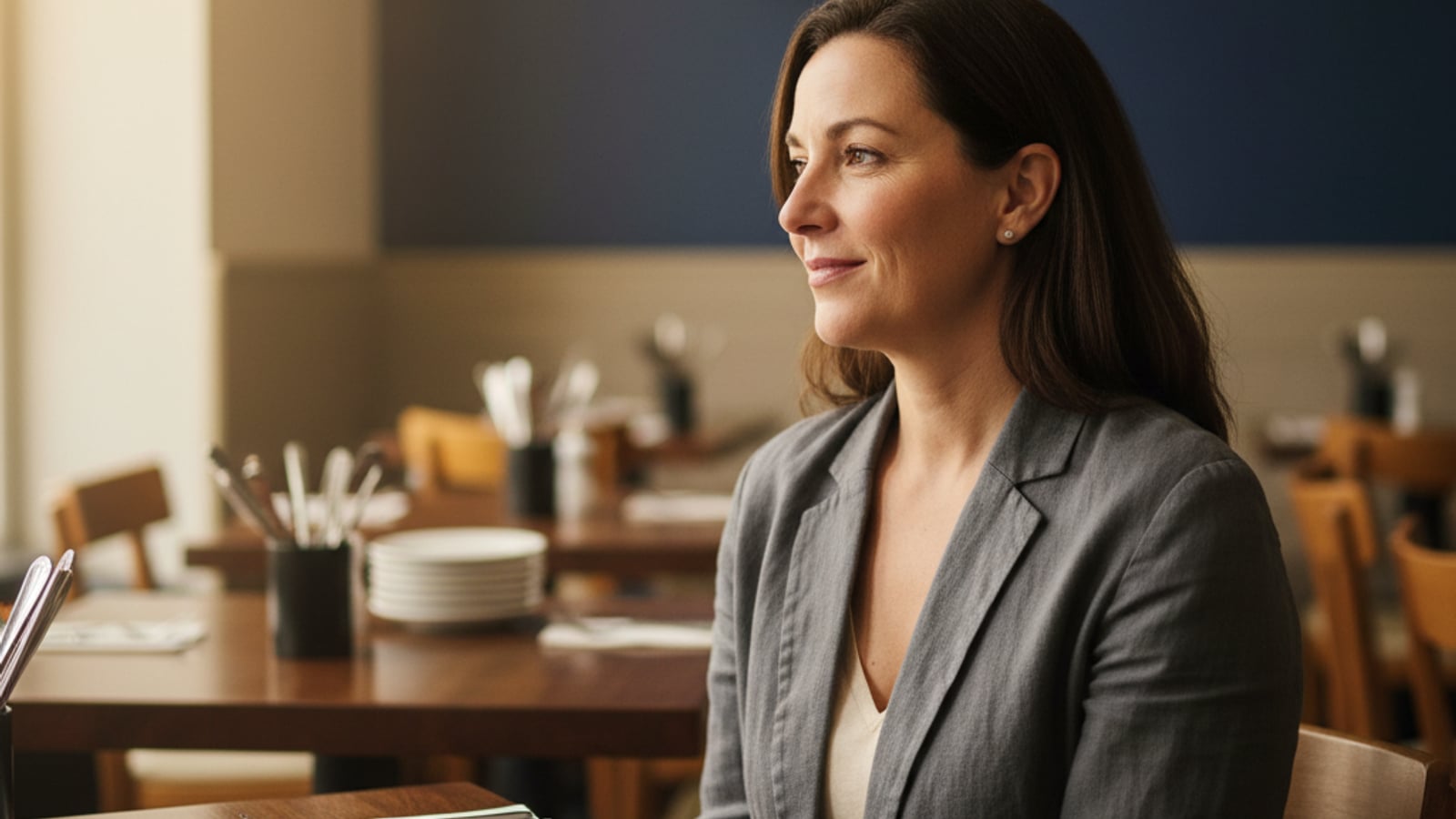 Calm restaurant owner looks over smoothly running dining room, reflecting peace and control from document automation.