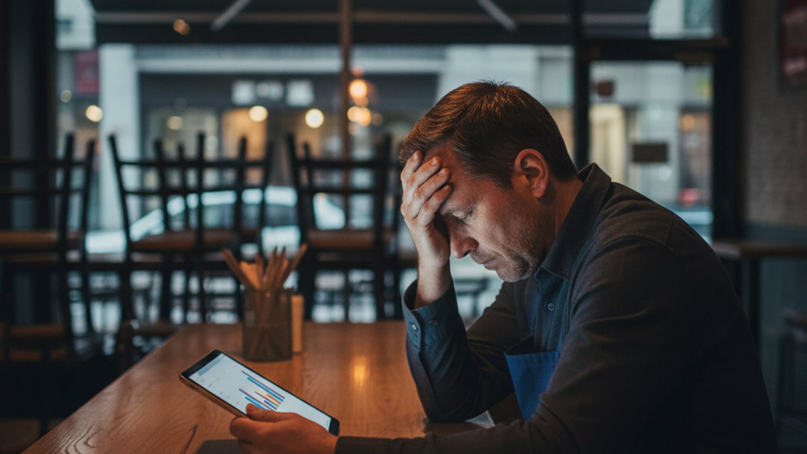 An exhausted restaurant owner late at night, overwhelmed by manual tasks, highlighting the need for lead nurture automation for restaurants and cafes.