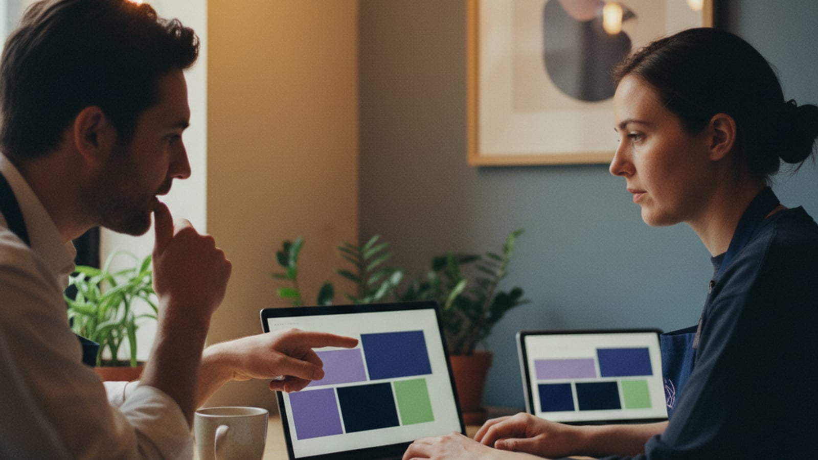 Two restaurant team members collaborate on a laptop, setting up automated flows for effective lead nurture automation for restaurants and cafes.