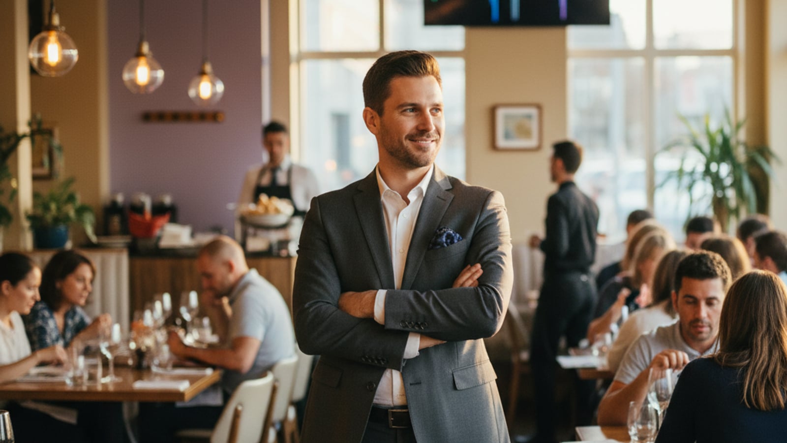 Confident restaurant manager surveys a bustling, full dining room — success from lead nurture automation for restaurants and cafes.