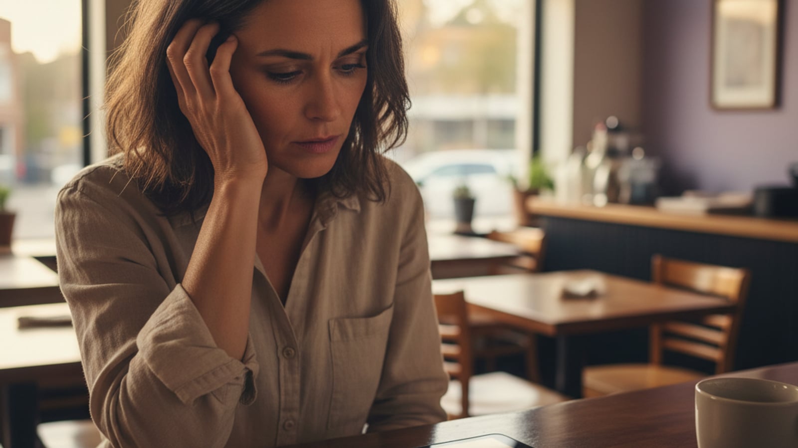 A worried restaurant owner looks at a tablet displaying low, abstract ratings, concerned about review management for restaurants and cafes.