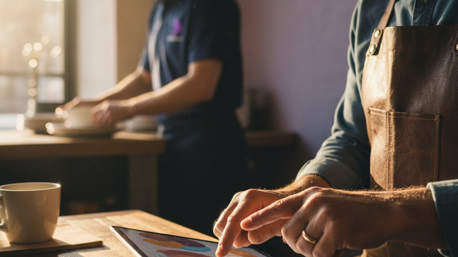 Hands tapping a tablet screen with abstract, colorful shapes, demonstrating active review management for a busy restaurant.