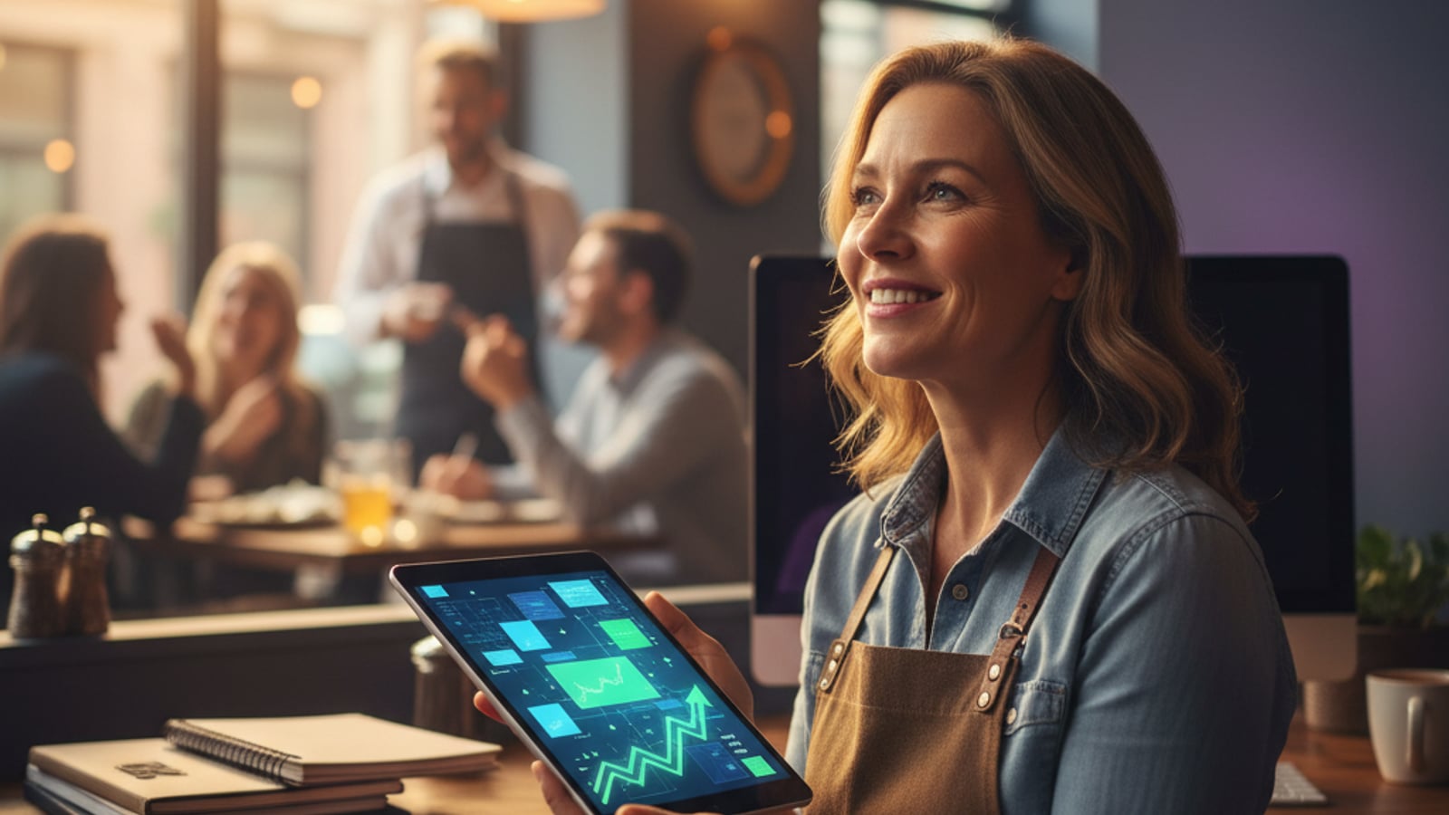 A confident restaurant owner smiles, viewing a high-star-rating dashboard on a tablet, showcasing effective review management for their cafe.