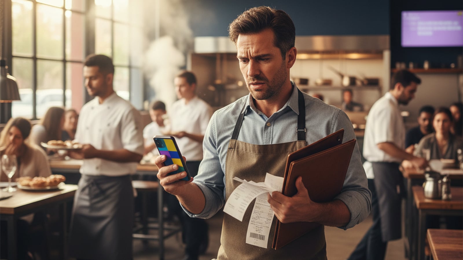 A stressed restaurant manager in a busy kitchen, phone in hand, overwhelmed by creating social media content for restaurants.