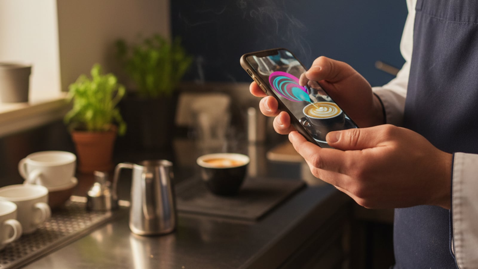A chef's hands plating a dish, as a staff member records a short video for social media content for restaurants and cafes.