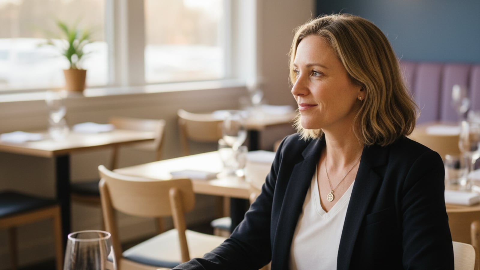 A confident restaurant owner smiles, seeing success from effective social media content for their restaurant or cafe in their calm dining room.