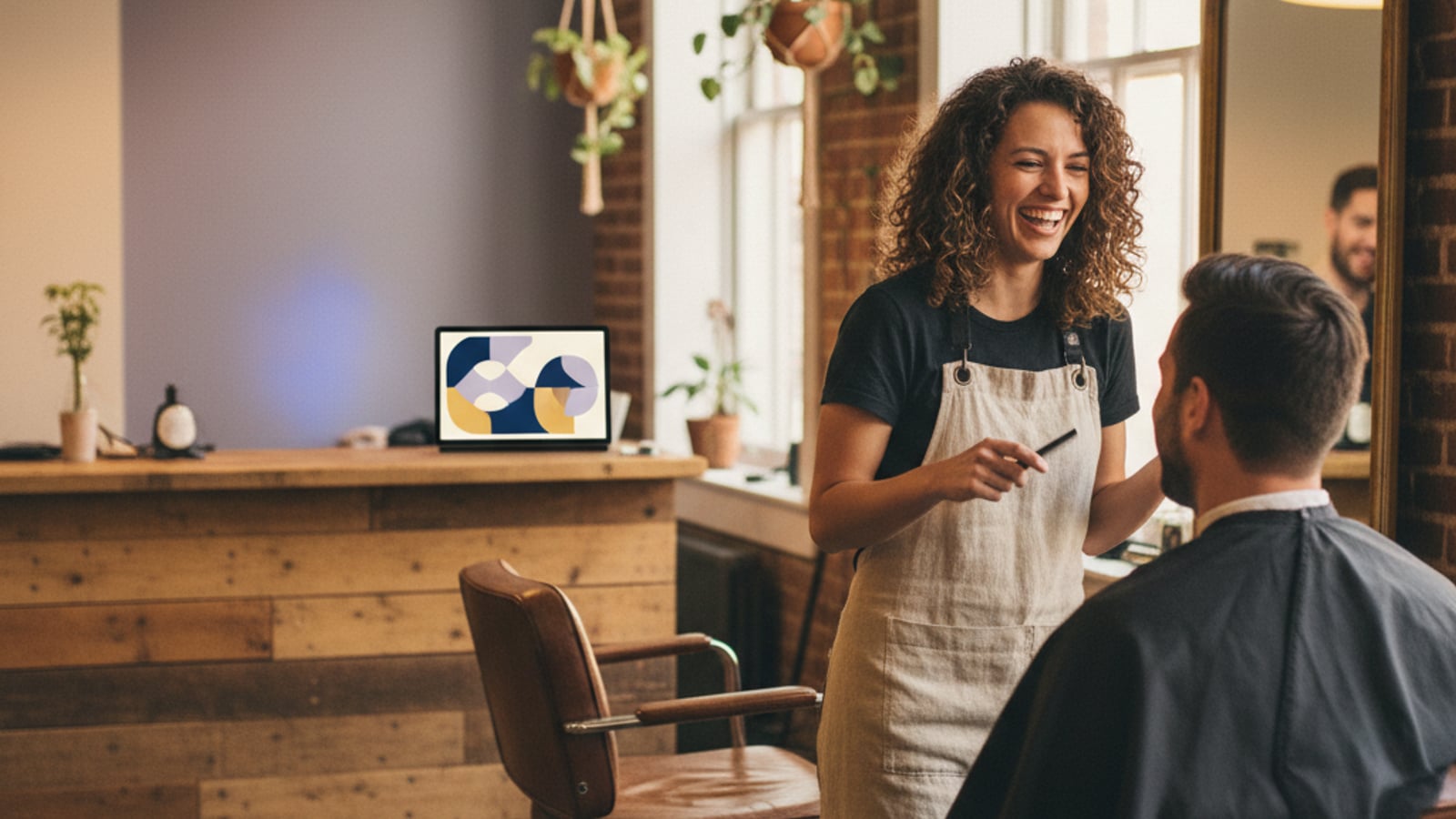 Stylist happily works with a client, a tablet in the background showing a color-blocked dashboard — automation for salons.