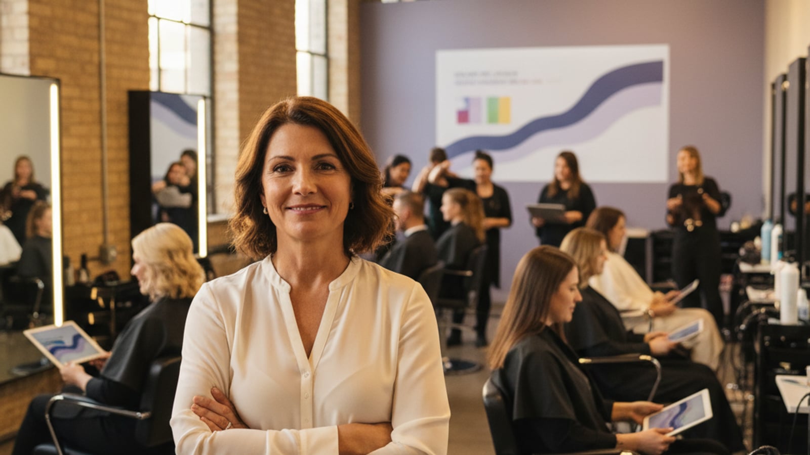 Confident salon owner smiles, observing a bustling salon floor with all chairs occupied — successful automation for salons and barbershops.