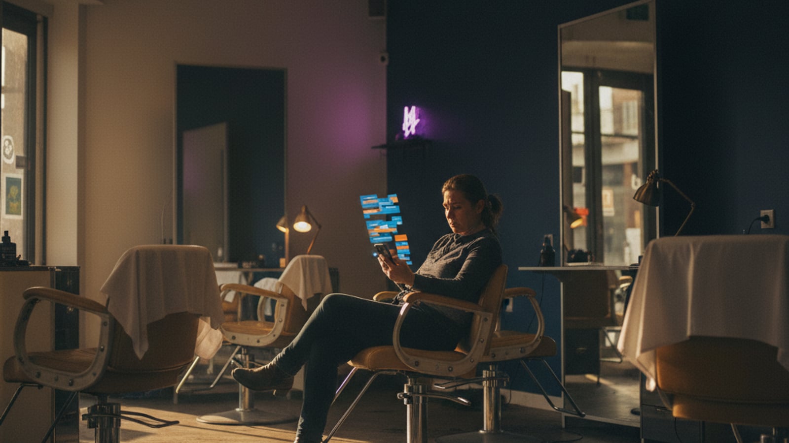 A salon owner sits alone after hours, looking stressed at a phone with unread messages, needing an ai chat assistant.