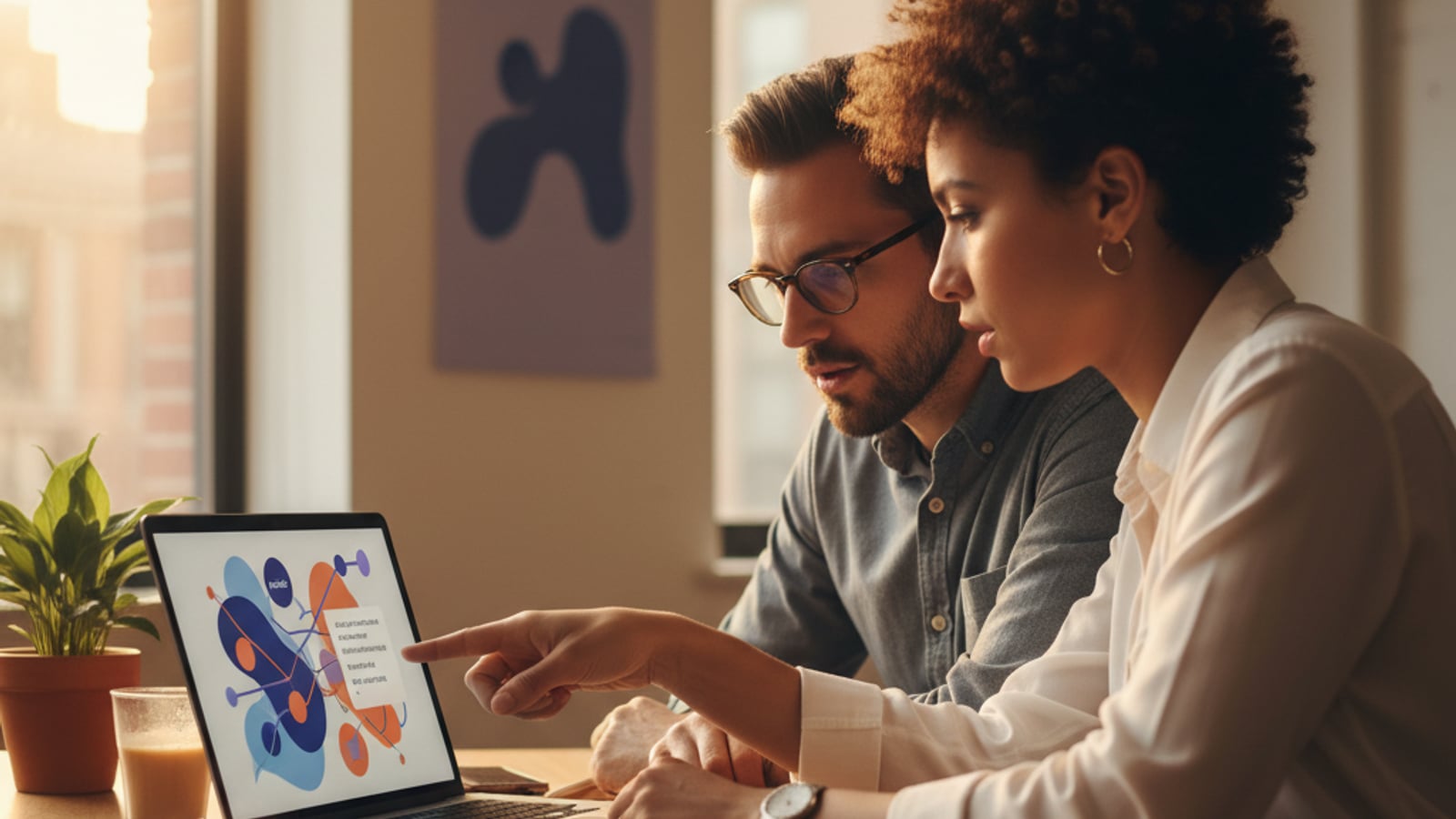 Two small business owners collaborate, gesturing at a laptop screen showing abstract data flows for an ai chat assistant.