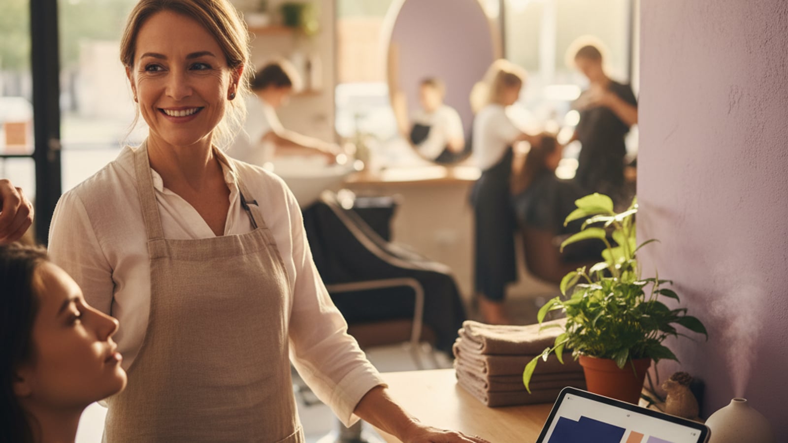 A calm salon owner smiles while working with a client, with a tablet displaying a streamlined dashboard for their ai chat assistant.