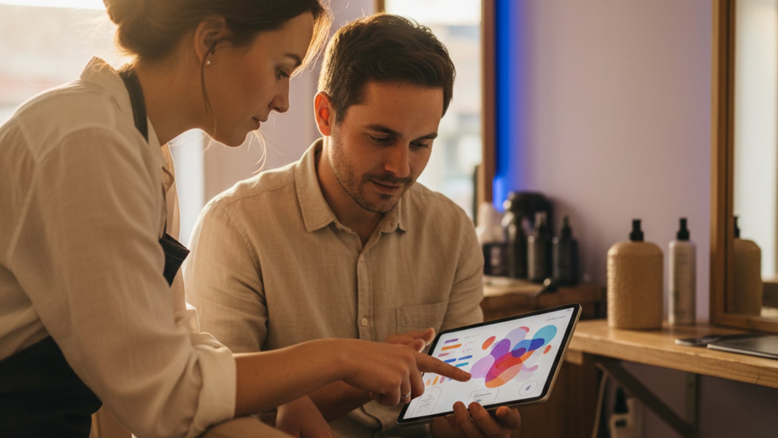 A salon manager and stylist collaborate, reviewing a colorful digital dashboard for their client retention system.