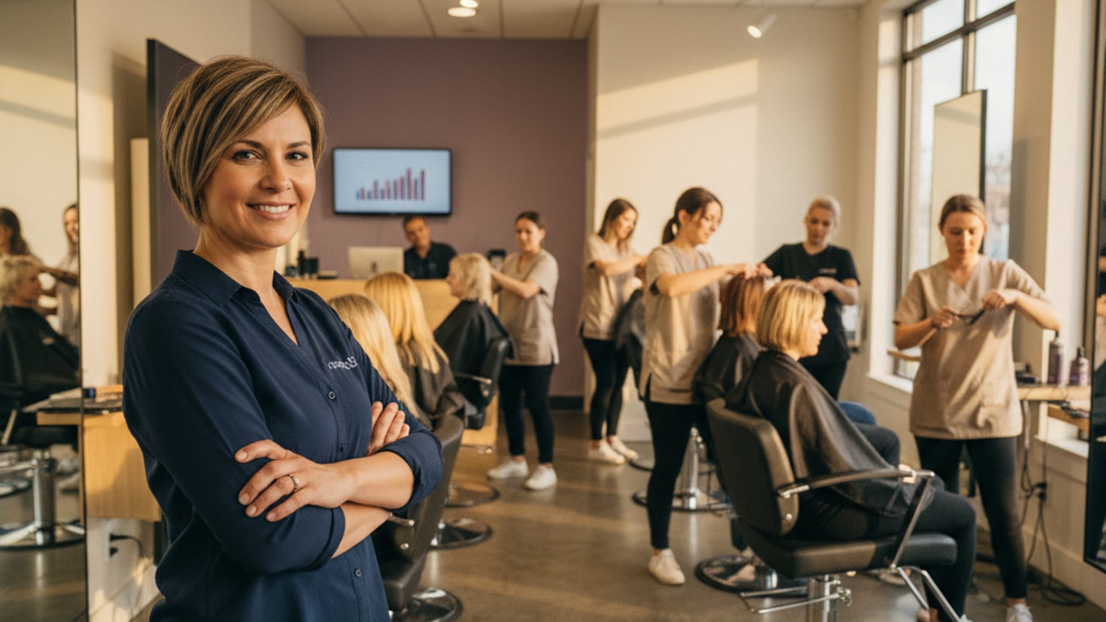 Smiling salon owner surveys a busy, full salon, a clear outcome of a successful client retention system for barbershops.