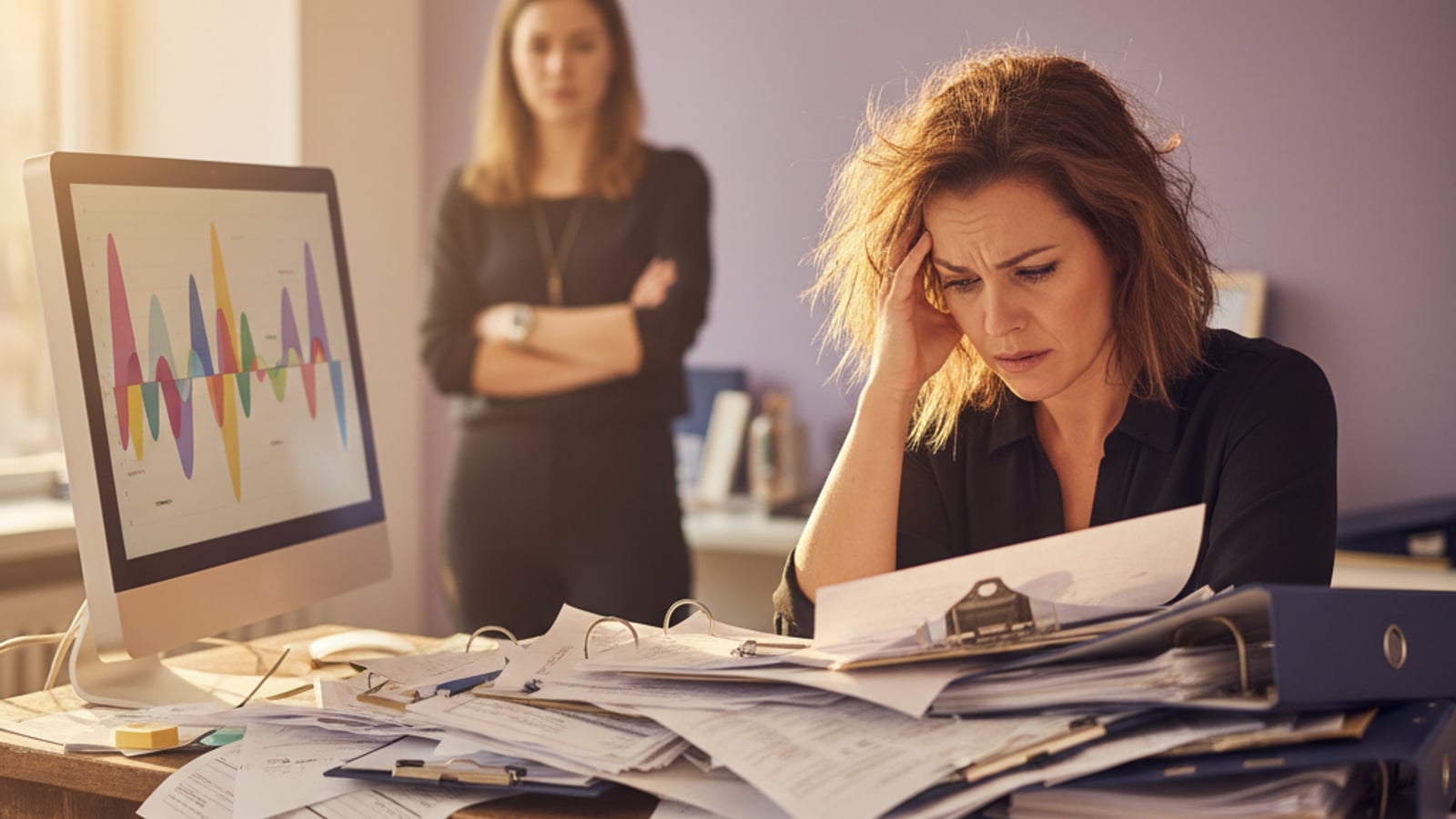 Stressed salon owner at a cluttered desk, surrounded by stacks of paper forms, struggling with document automation for salons and barbershops.