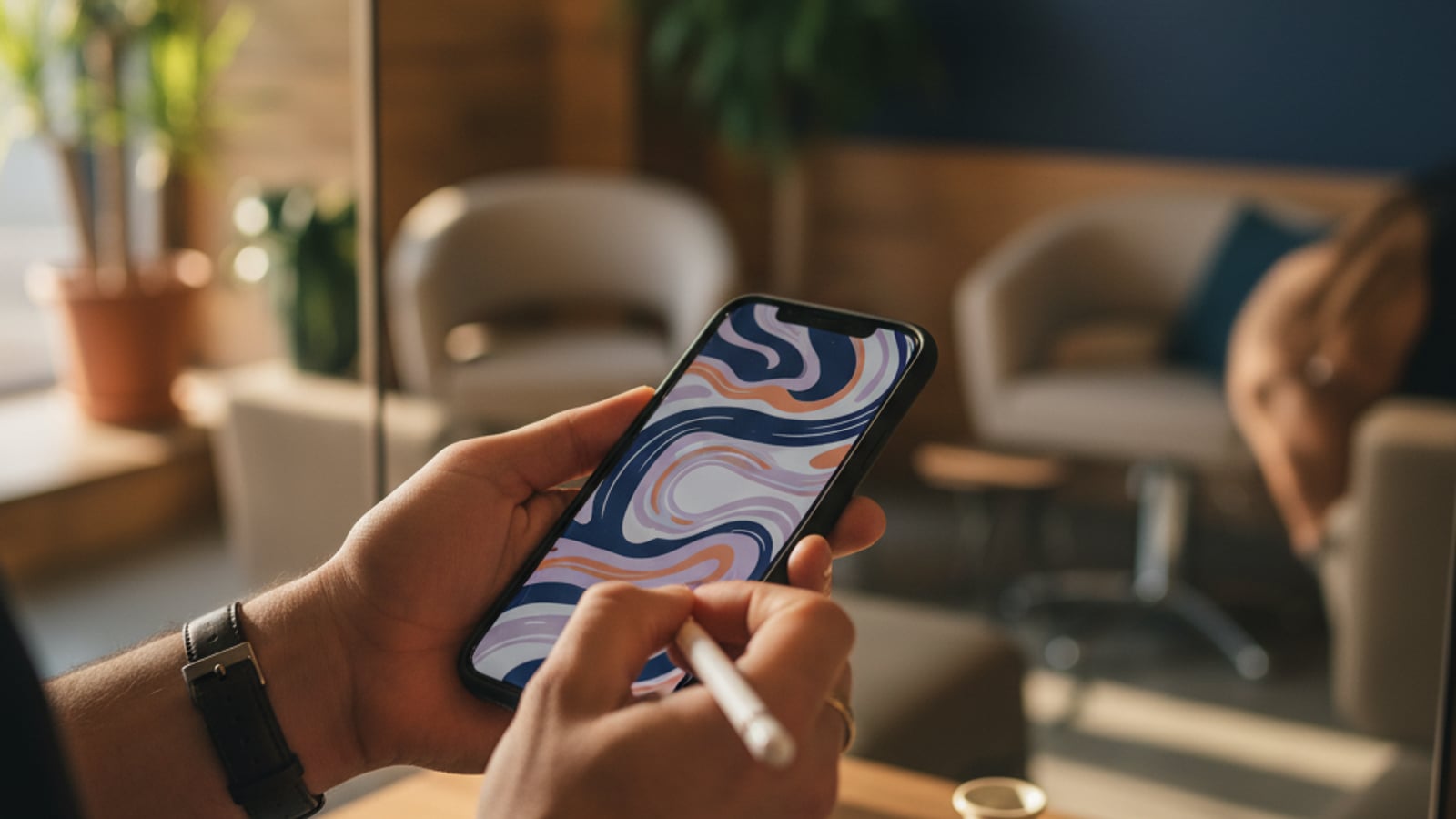 A client's hands digitally signing a form on a smartphone, streamlining document automation for salons and barbershops with ease.