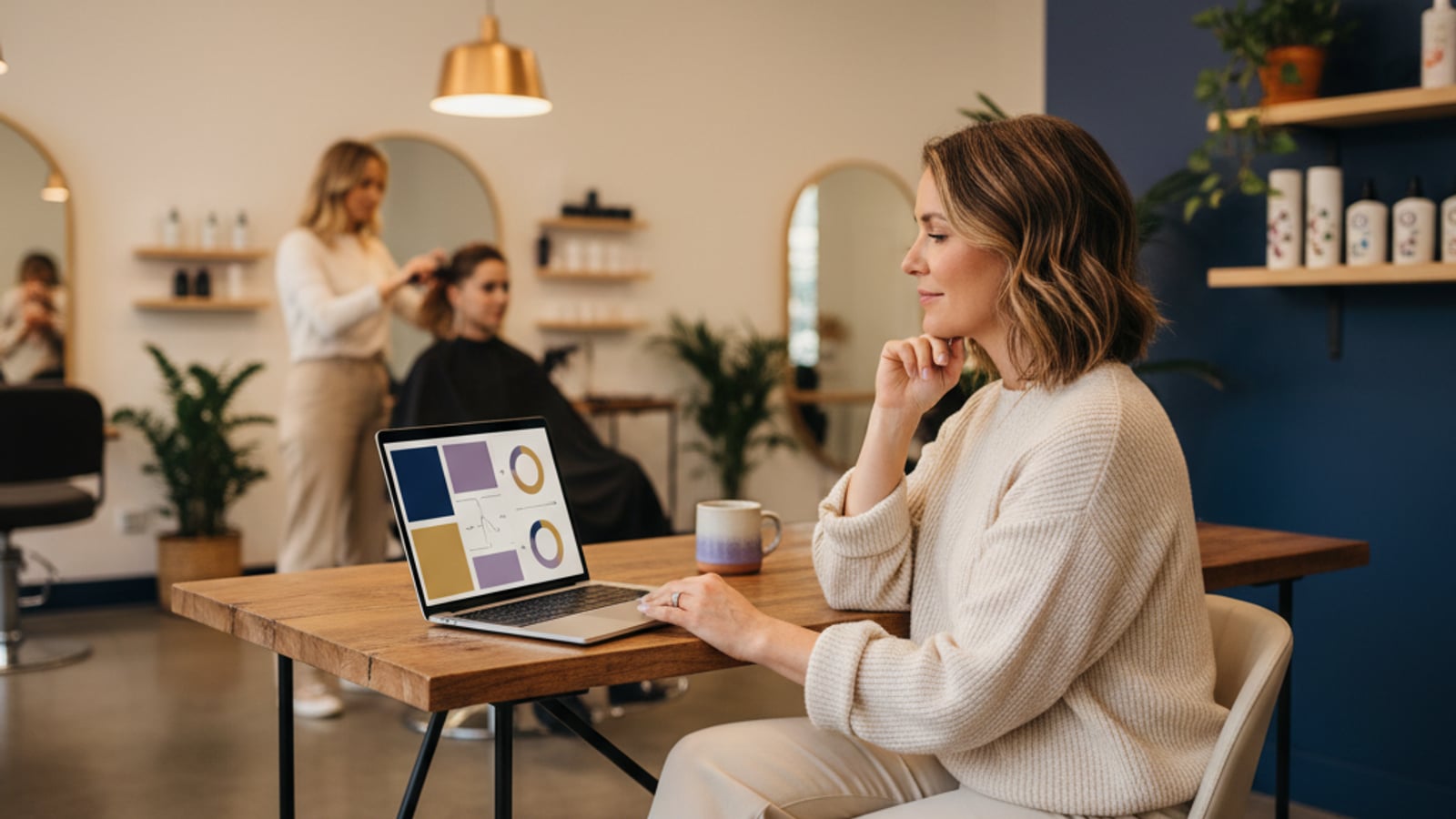 A confident salon owner reviews a clean, color-blocked dashboard on a tablet, enjoying efficient document automation for salons and barbershops.