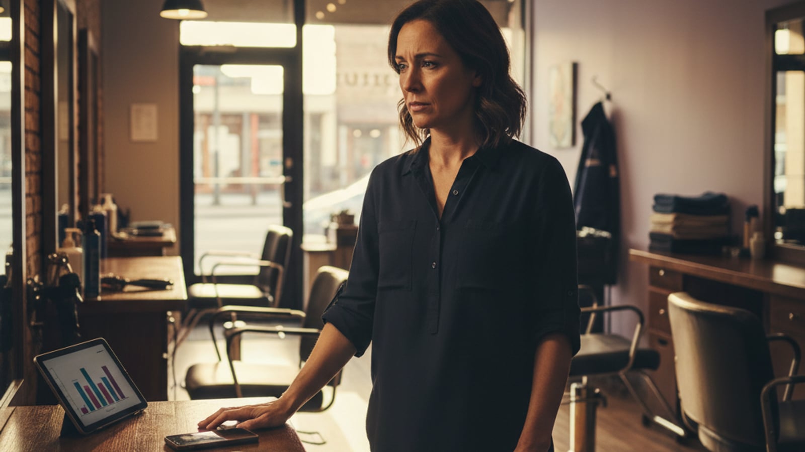 A worried salon owner stands in her empty salon after hours, contemplating quiet losses in lead nurture automation for salons and barbershops.