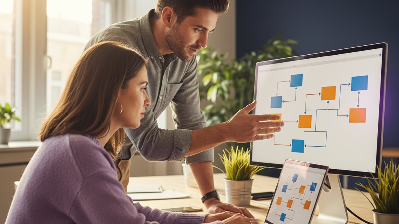 Two strategists collaborate, building lead nurture automation for salons and barbershops, pointing at a monitor with abstract data flows.