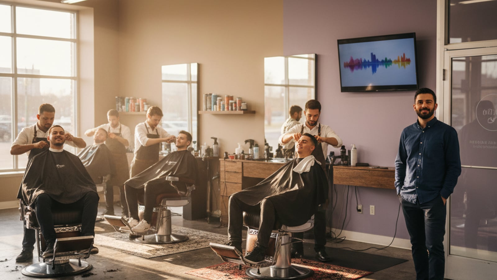 A vibrant barbershop, bustling with happy clients in every chair, showcasing the success of lead nurture automation for salons and barbershops.