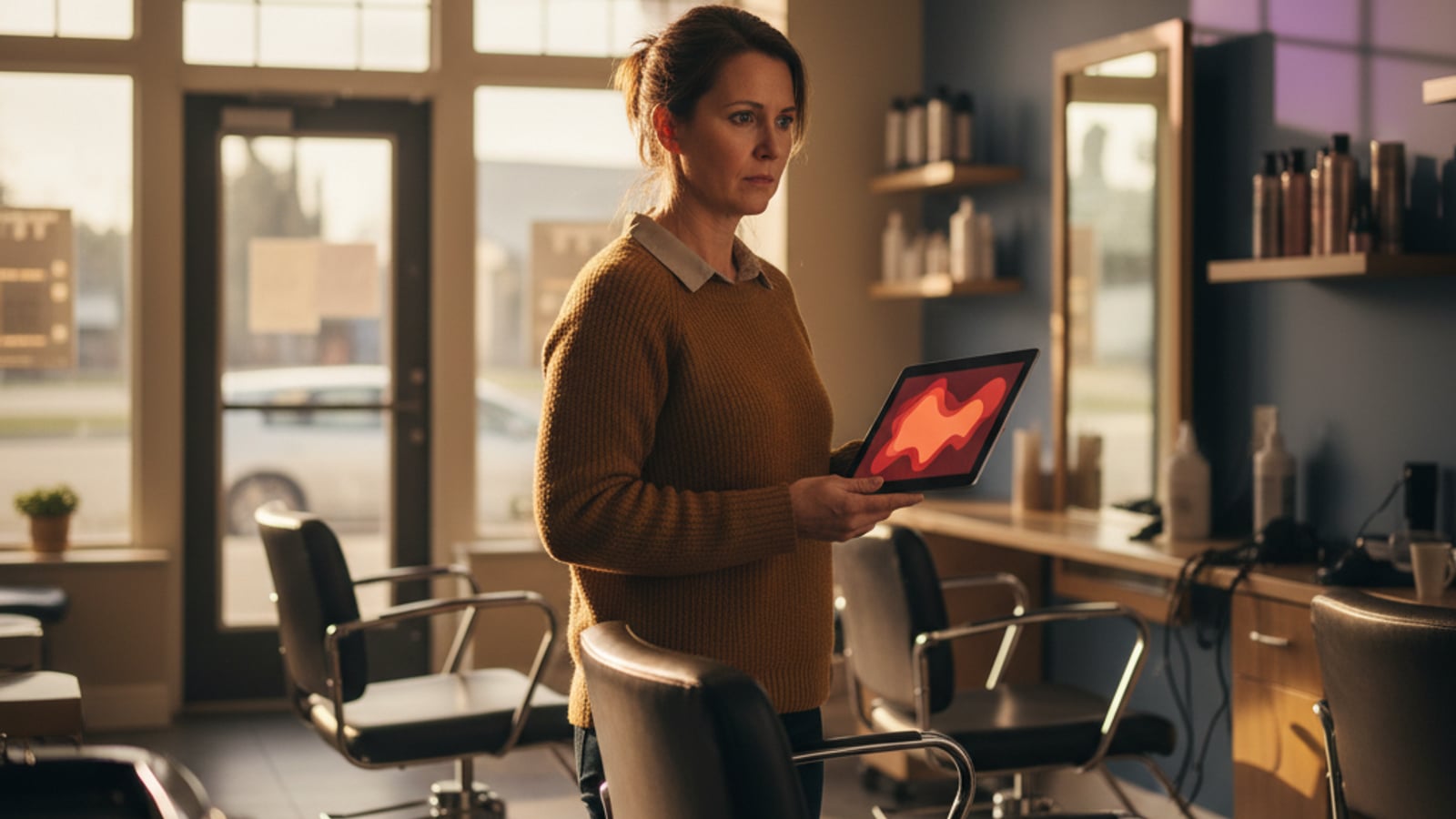Worried salon owner surveys her quiet, half-empty shop, holding a tablet with warning colors — review management for salons and barbershops.
