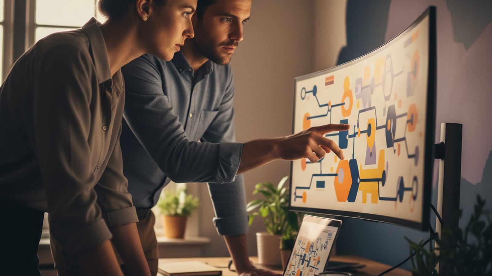 Two focused professionals collaborate, discussing colorful flow diagrams on a monitor — streamlining review management for salons and barbershops.