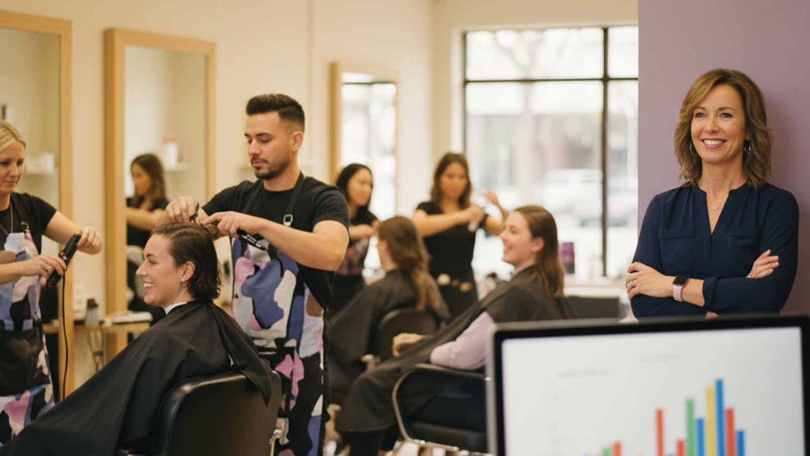 A bustling salon interior with multiple stylists working in full chairs. Reflects successful review management for salons and barbershops.