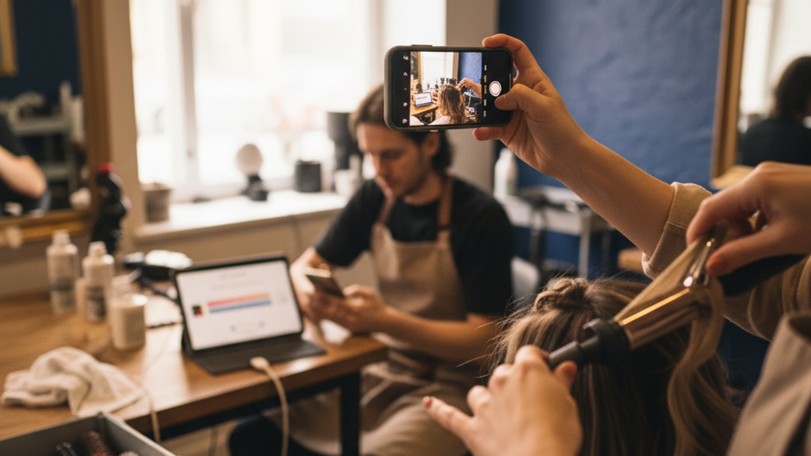 Stylist records client's hair transformation with a phone, streamlining social media content for salons and barbershops.