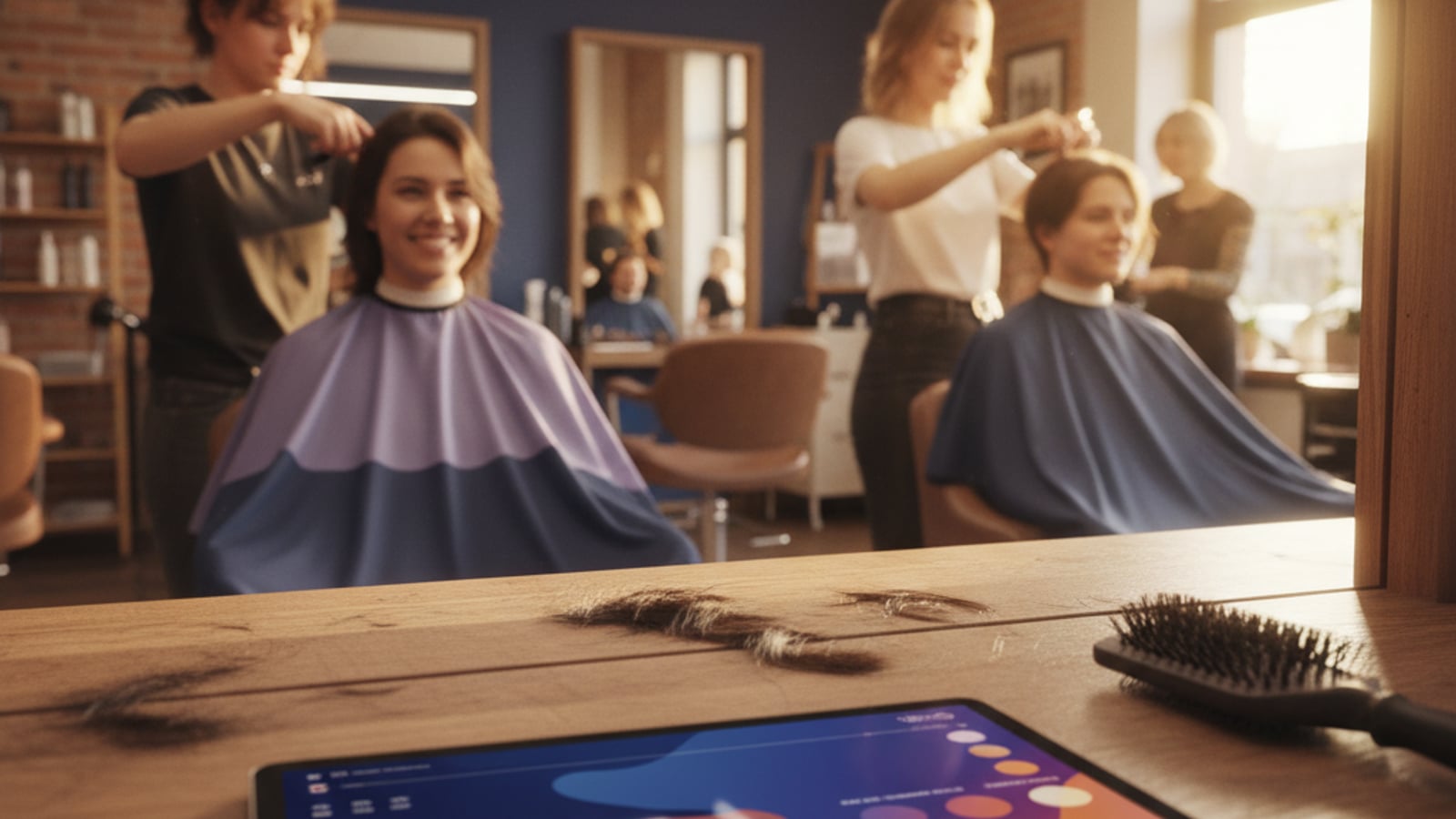 Busy salon thrives, a tablet in the foreground displays vibrant, consistent social media content for salons and barbershops.
