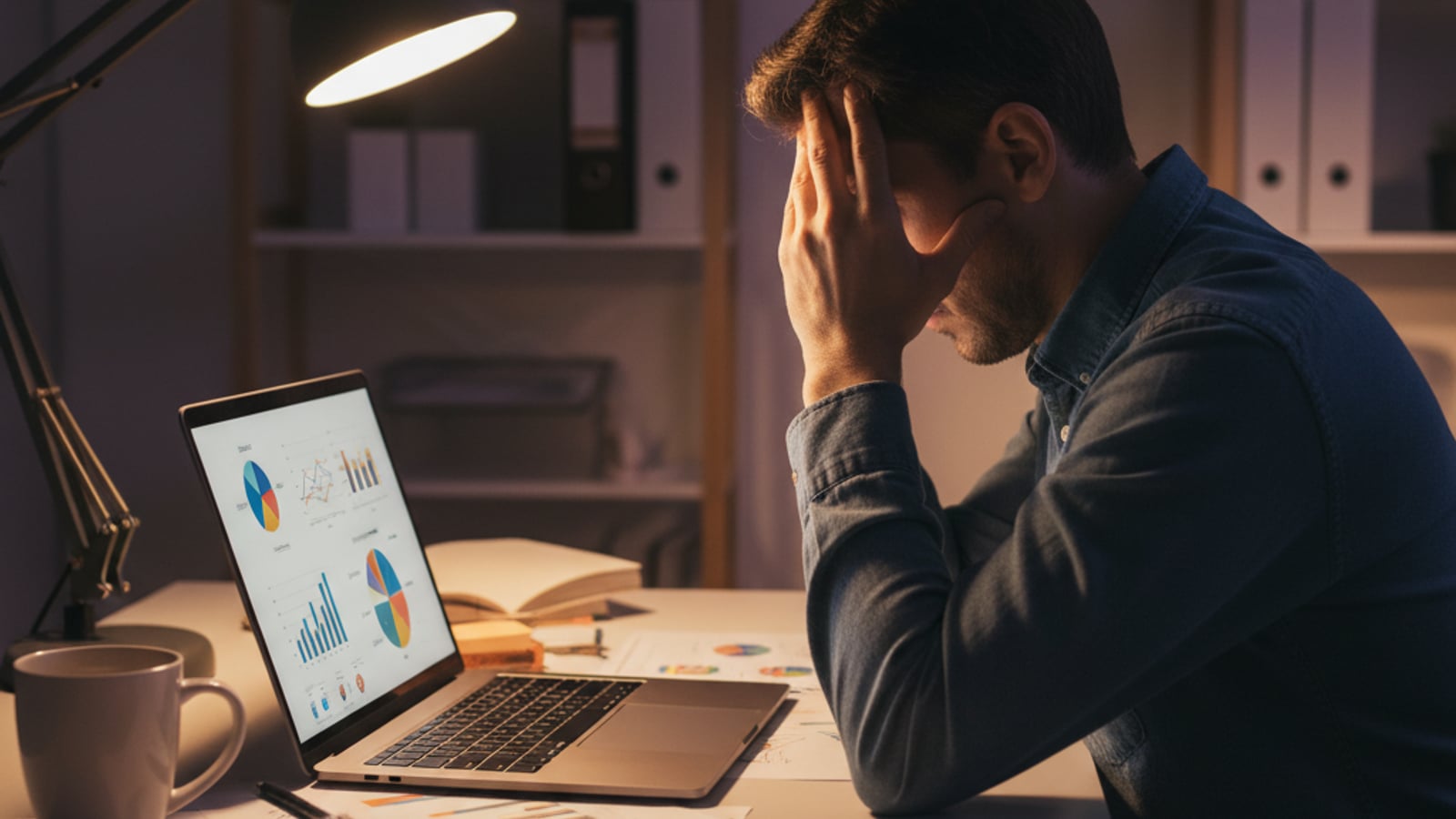 A stressed small business owner hunches over a cluttered desk late at night, grappling with business automation challenges.