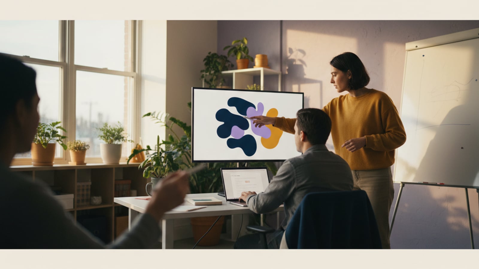 A small team of engineers collaborates intently around a monitor, building custom business automation services.