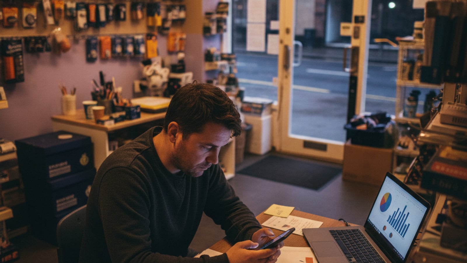 Exhausted Bridgeton small business owner sits alone in a dimly lit shop, overwhelmed by after-hours tasks — needs business automation services.