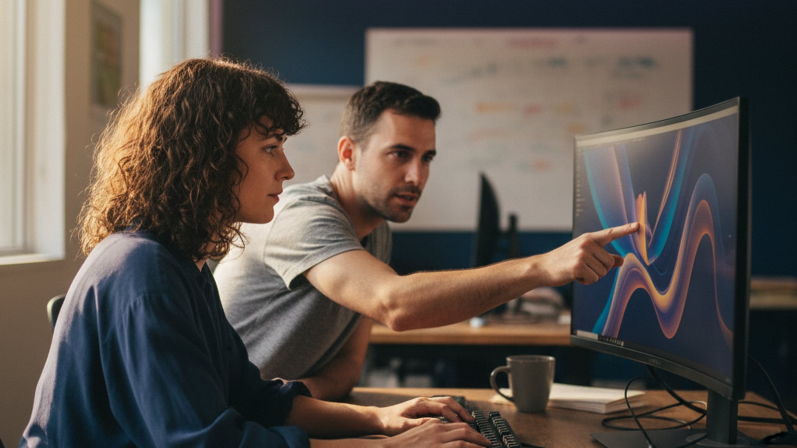 A focused small team collaborates around a monitor displaying abstract colorful shapes, developing custom business automation services.