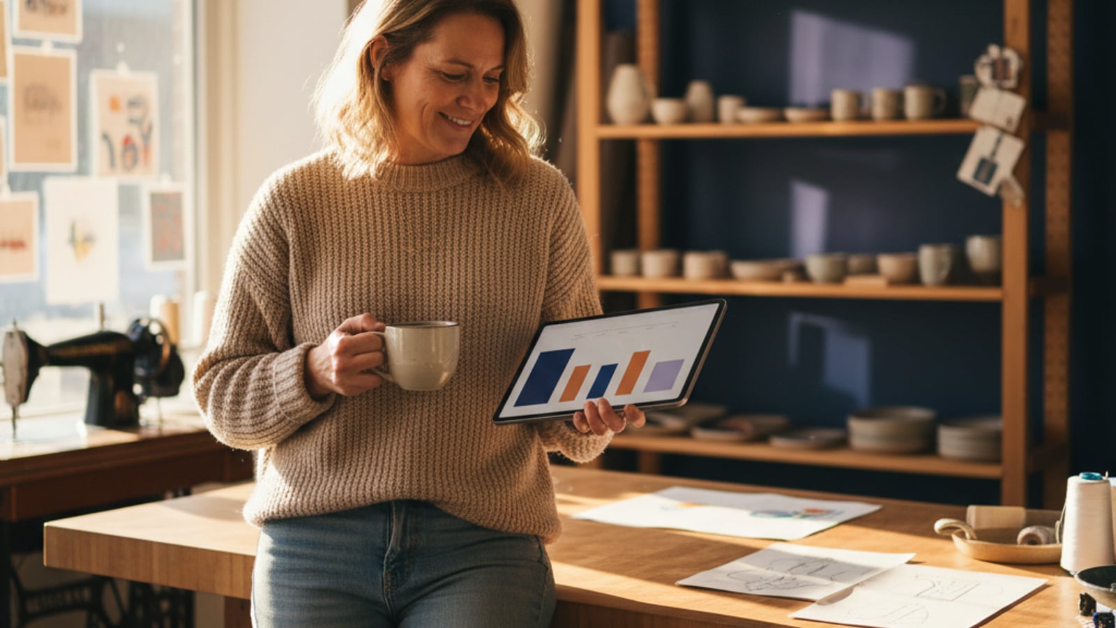 A calm Bridgeton small business owner sips coffee, confidently viewing a clean, color-blocked dashboard, benefiting from business automation services.