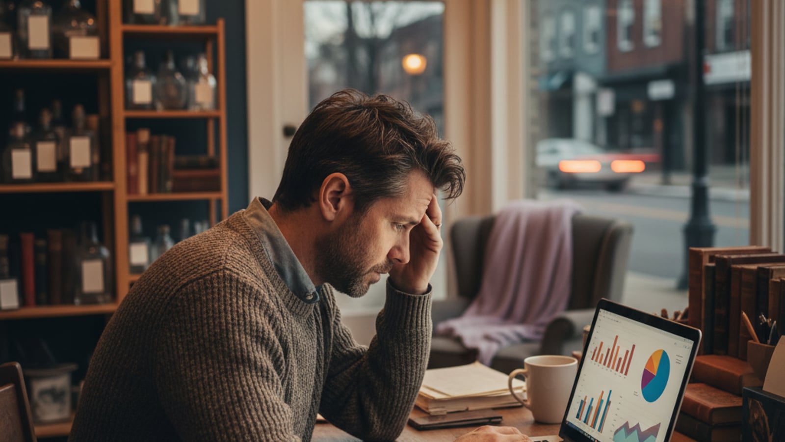 A weary Burlington, NJ small business owner works late, facing missed opportunities and the need for business automation services.
